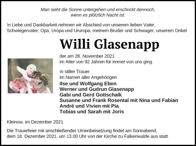  Traueranzeige für Willi Glasenapp vom 04.12.2021 aus Prenzlauer Zeitung