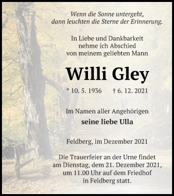 Traueranzeige von Willi Gley von Strelitzer Zeitung