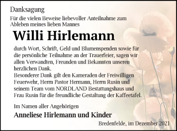 Traueranzeige von Willi Hirlemann von Mecklenburger Schweiz