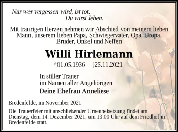 Traueranzeige von Willi Hirlemann von Mecklenburger Schweiz