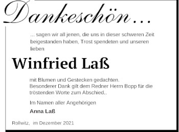 Traueranzeige von Winfried Laß von Pasewalker Zeitung