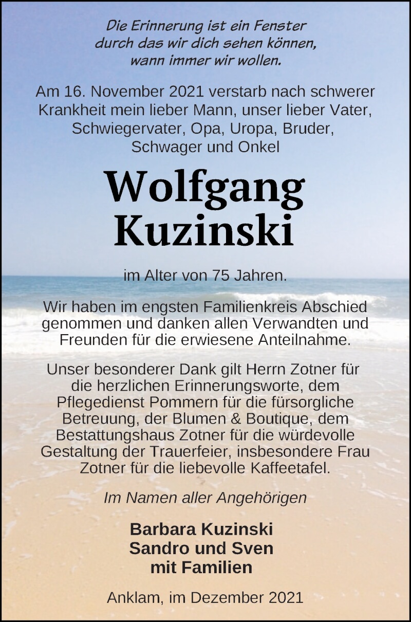  Traueranzeige für Wolfgang Kuzinski vom 11.12.2021 aus Vorpommern Kurier