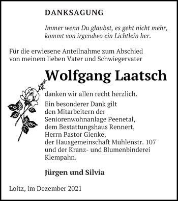 Traueranzeige von Wolfgang Laatsch von Vorpommern Kurier