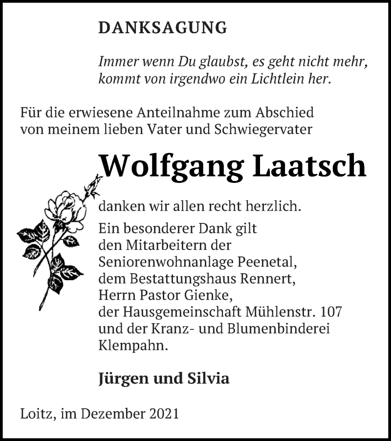  Traueranzeige für Wolfgang Laatsch vom 14.12.2021 aus Vorpommern Kurier