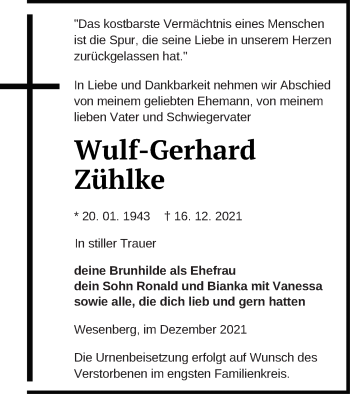 Traueranzeige von Wulf-Gerhard Zühlke von Strelitzer Zeitung