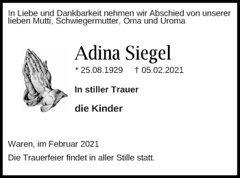 Traueranzeige von Adina Siegel von Müritz-Zeitung