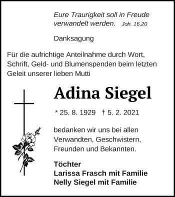 Traueranzeige von Adina Siegel von Müritz-Zeitung