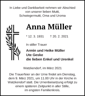 Traueranzeige von Anna Müller von Strelitzer Zeitung