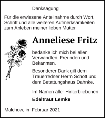 Traueranzeige von Anneliese Fritz von Müritz-Zeitung