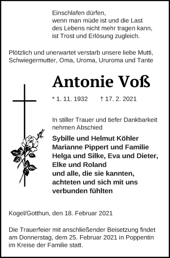 Traueranzeige von Antonie Voß von Müritz-Zeitung