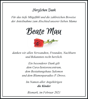 Traueranzeige von Beate Mau von Pasewalker Zeitung