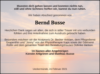 Traueranzeige von Bernd Busse von Haff-Zeitung