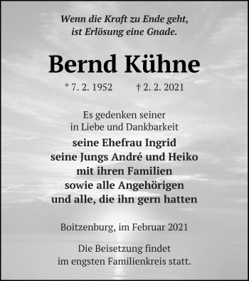 Traueranzeige von Bernd Kühne von Templiner Zeitung