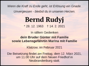 Traueranzeige von Bernd Rudyj von Neubrandenburger Zeitung
