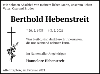 Traueranzeige von Berthold Hebenstreit von Neubrandenburger Zeitung