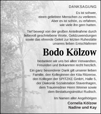 Traueranzeige von Bodo Kölzow von Mecklenburger Schweiz