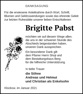 Traueranzeige von Brigitte Pabst von Mecklenburger Schweiz