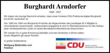 Traueranzeige von Burghardt Arndorfer von Neubrandenburger Zeitung