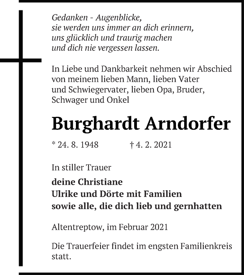  Traueranzeige für Burghardt Arndorfer vom 06.02.2021 aus Neubrandenburger Zeitung
