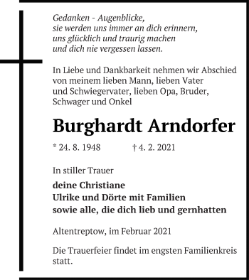 Traueranzeige von Burghardt Arndorfer von Neubrandenburger Zeitung