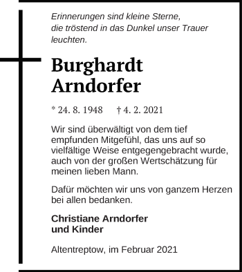 Traueranzeige von Burghardt Arndorfer von Neubrandenburger Zeitung