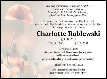 Traueranzeige von Charlotte Rablewski von Müritz-Zeitung