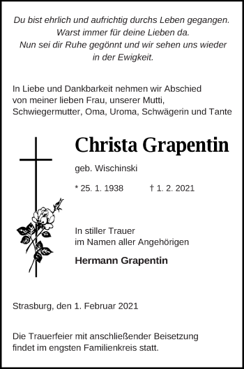 Traueranzeige von Christa Grapentin von Pasewalker Zeitung