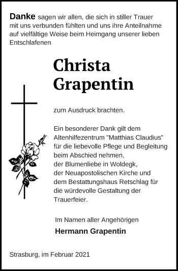 Traueranzeige von Christa Grapentin von Pasewalker Zeitung