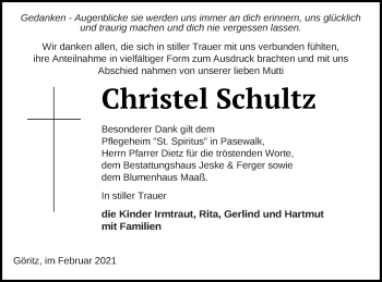 Traueranzeige von Christel Schultz von Prenzlauer Zeitung