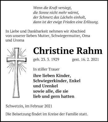 Traueranzeige von Christine Rahm von Mecklenburger Schweiz