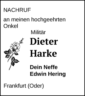 Traueranzeige von Dieter Harke von Haff-Zeitung