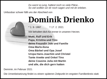Traueranzeige von Dominik Drienko von Demminer Zeitung