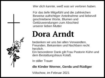 Traueranzeige von Dora Arndt von Vorpommern Kurier