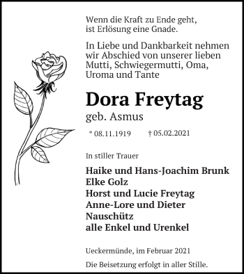 Traueranzeige von Dora Freytag von Haff-Zeitung