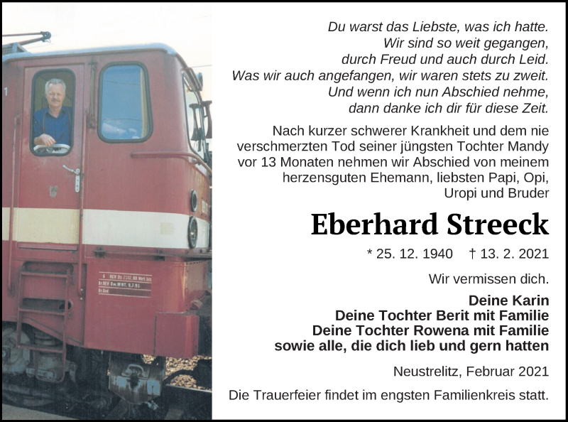  Traueranzeige für Eberhard Streeck vom 18.02.2021 aus Neubrandenburger Zeitung