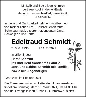 Traueranzeige von Edeltraud Schmidt von Prenzlauer Zeitung