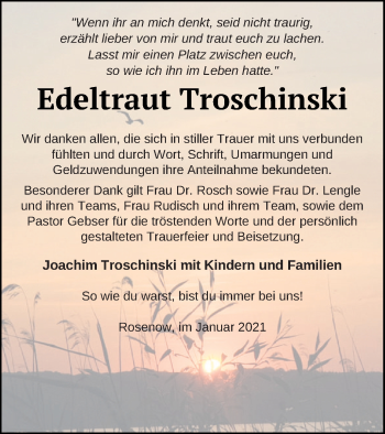 Traueranzeige von Edeltraut Troschinski von Neubrandenburger Zeitung