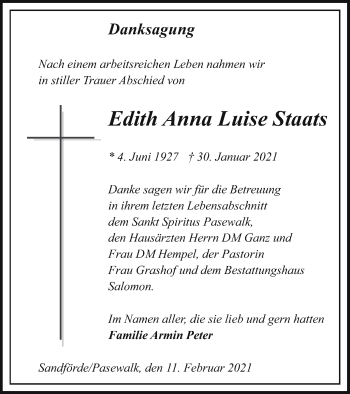 Traueranzeige von Edit Anna Luise Staats von Pasewalker Zeitung