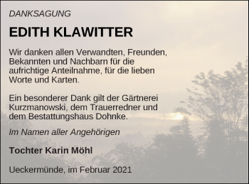 Traueranzeige von Edith Klawitter von Haff-Zeitung