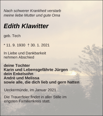 Traueranzeige von Edith Klawitter von Haff-Zeitung