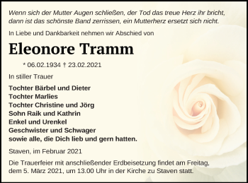 Traueranzeige von Eleonore Tramm von Neubrandenburger Zeitung