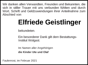 Traueranzeige von Elfriede Geistlinger von Mecklenburger Schweiz