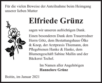 Traueranzeige von Elfriede Grünz von Bützower Zeitung