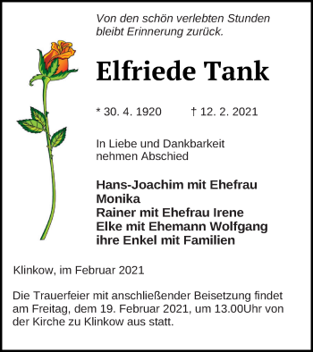 Traueranzeige von Elfriede Tank von Prenzlauer Zeitung