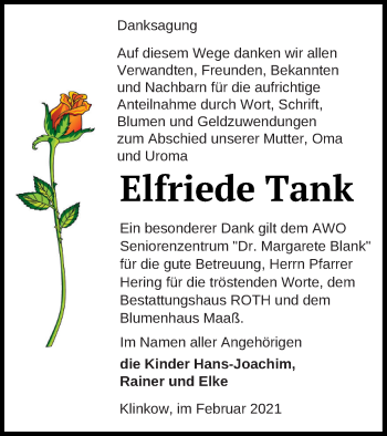 Traueranzeige von Elfriede Tank von Prenzlauer Zeitung