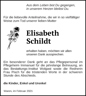 Traueranzeige von Elisabeth Schildt von Müritz-Zeitung