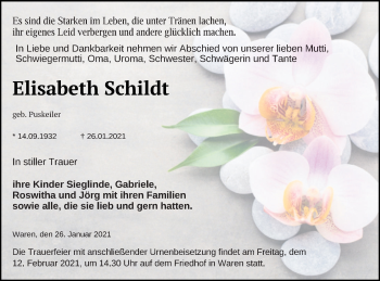 Traueranzeige von Elisabeth Schildt von Müritz-Zeitung