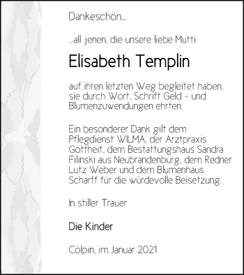 Traueranzeige von Elisabeth Templin von Neubrandenburger Zeitung