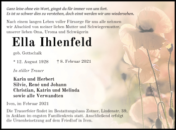 Traueranzeige von Ella Ihlenfeld von Vorpommern Kurier