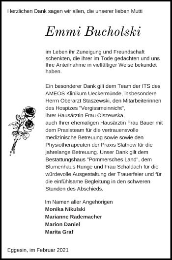 Traueranzeige von Emmi Bucholski von Haff-Zeitung